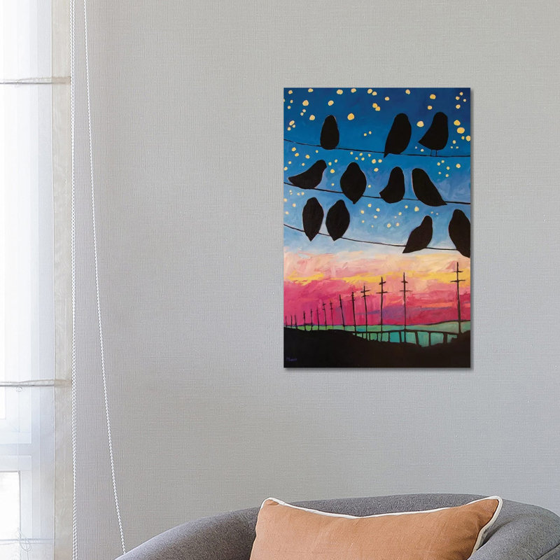«Birds on Wires Sunset» par Patty Baker - peinture sur toile tendue, H 26 po x l 18 po x 1,5 po