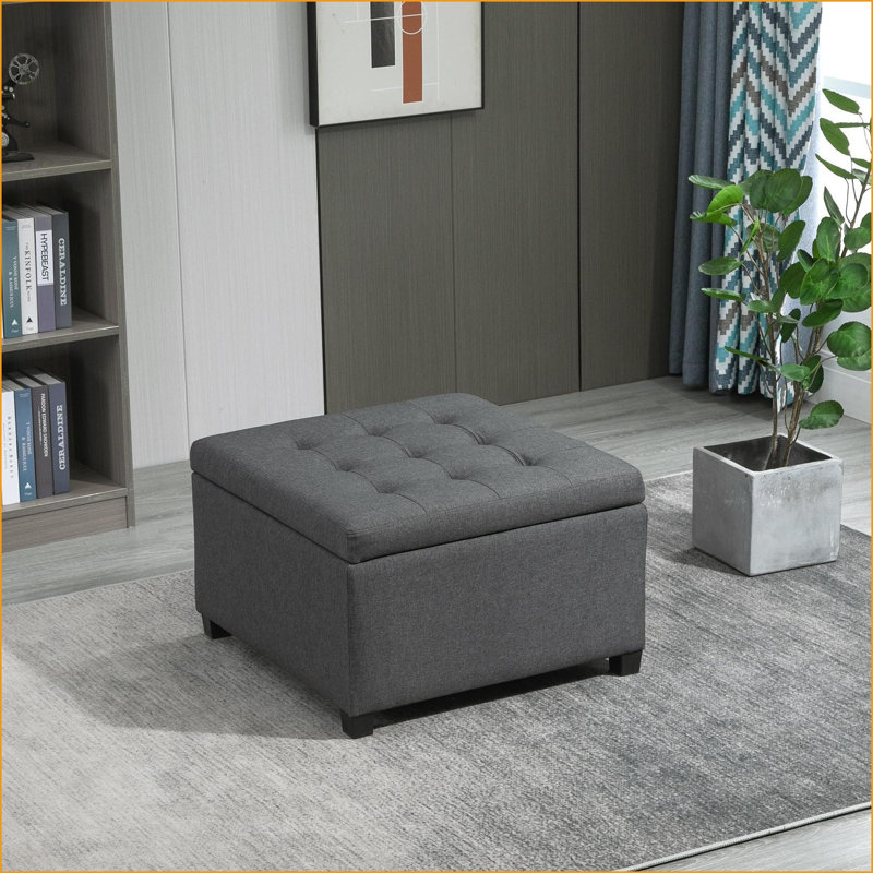 Ottoman with Storage, Tufted Flip-Top | Charcoal Gray Eucalyptus Wood | Living Room/Entryway/Bedroom | Wood