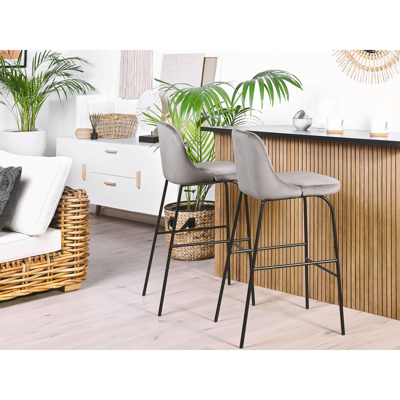 Glasscock Upholstered and Velvet Bar Stool with Steel Frame, Grey