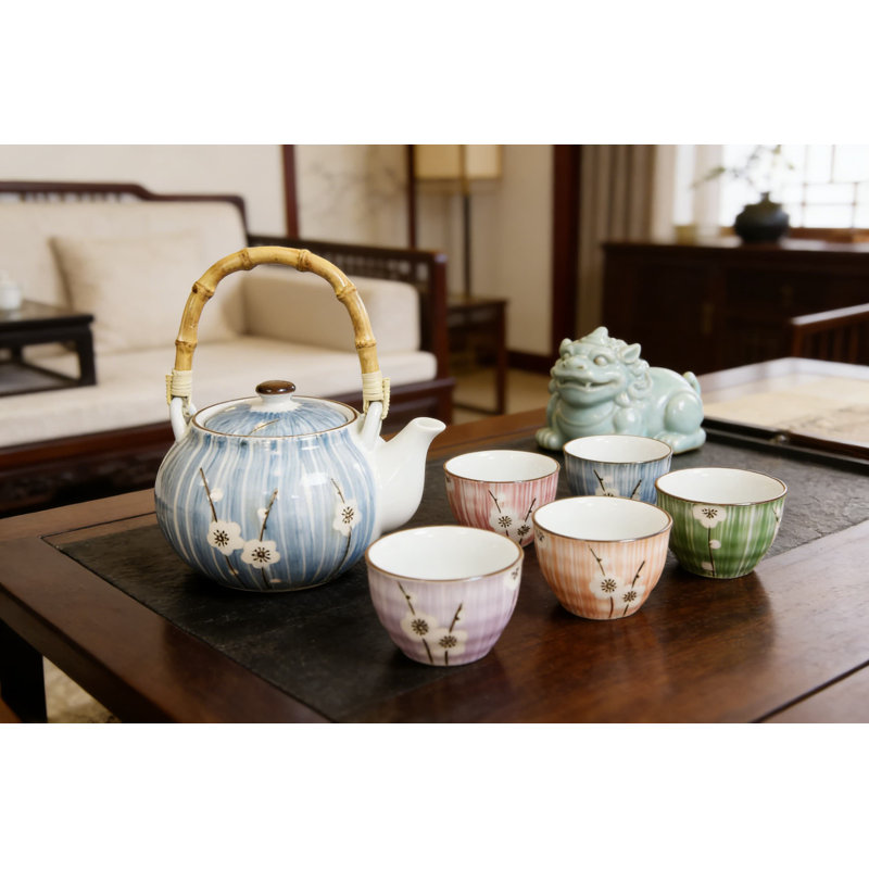 Service à thé japonais en céramique avec motif de fleurs de cerisier, théière et tasses 5 pièces pour une cérémonie de thé traditionnelle ou un décor intérieur