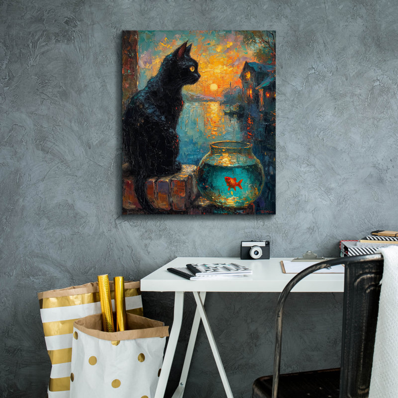 «Black Cat And Goldfish 1» par Momart, art mural sur toile, H 24 po x l 20 po x P 0,75 po