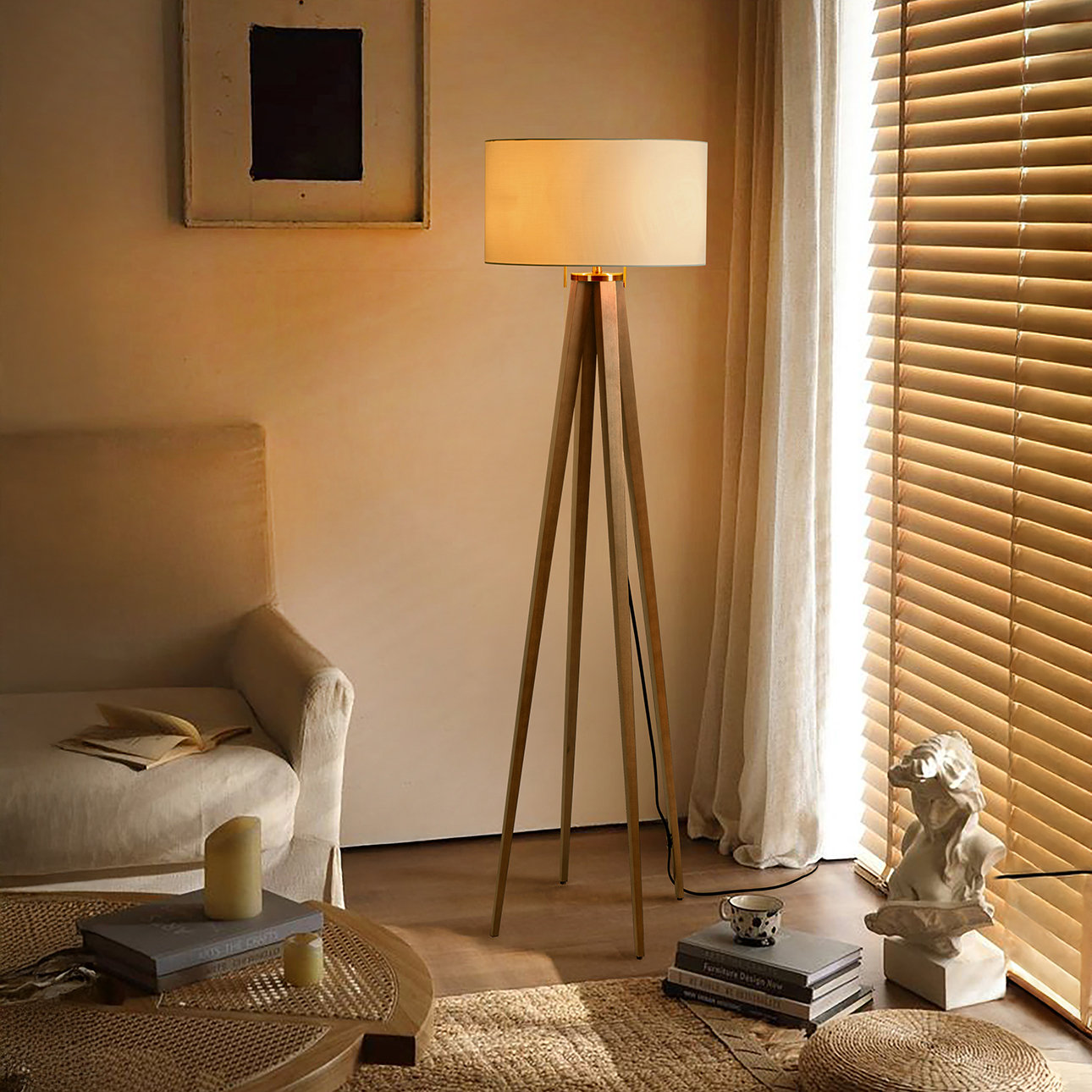 Quattro 61" Linen Floor Lamp, Natural Ash