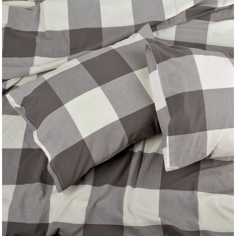 3 Piece Gingham Cotton  Duvet Cover Set, King Duvet Cover + 2 King Shams, Gray