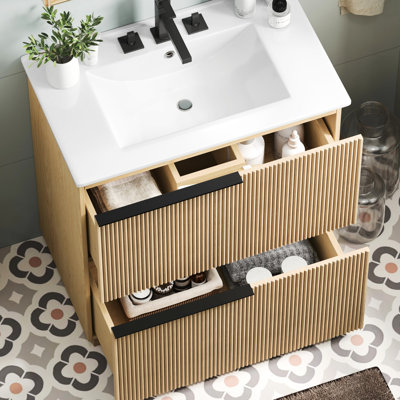 Meuble-lavabo de 30 po avec tiroirs d'extension, glissières encastrées à fermeture en douceur et conception cannelée fabriquée à la main pour une solution élégante et intemporelle Lavabo en céramique de 30 po contemporain