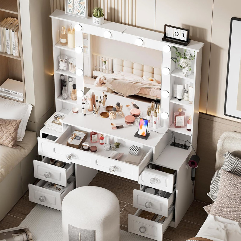 Meuble-lavabo pour femme avec lumières, miroir, 7 tiroirs, tabouret, luminaire - Accessoires de table réglables et alimentés