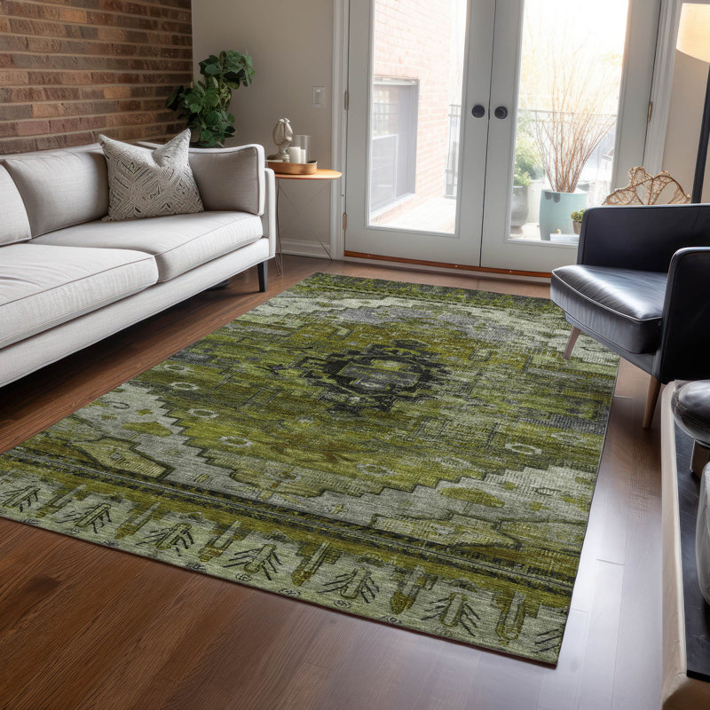 Tapis olive intérieur / extérieur lavable à la machine Xhevrie, Rectangle 5 pi x 7 pi 6 po
