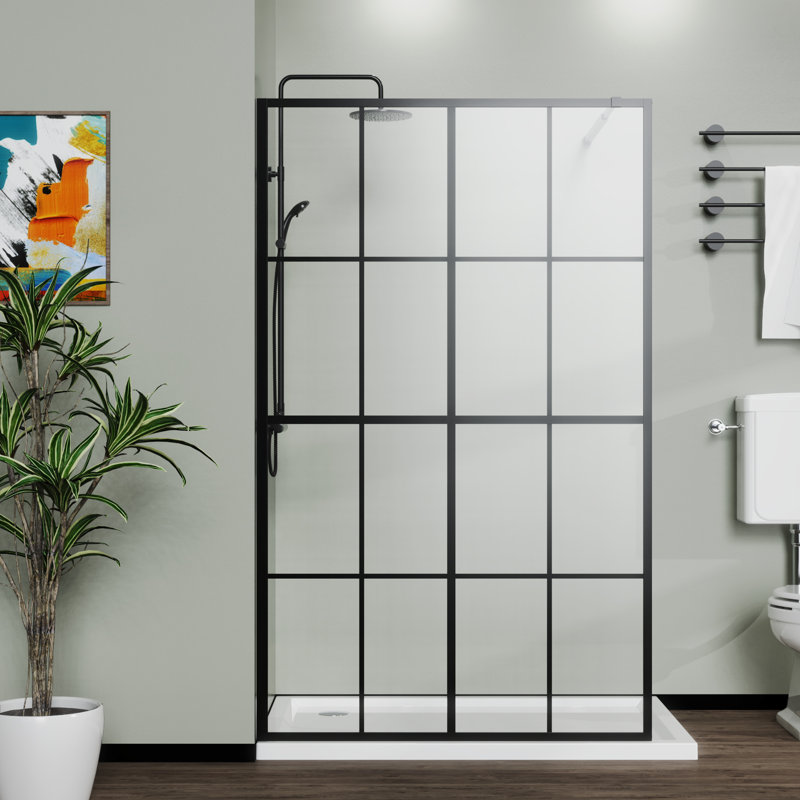 Walk-In Shower Screen 46" X 72" Black - Tempered Glass, Firm Installation For Black, Robust Support Bar