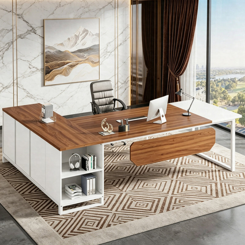 Bureau de direction en L 70,87 po avec classeur de 55 po, grand bureau avec rangement, Noyer
