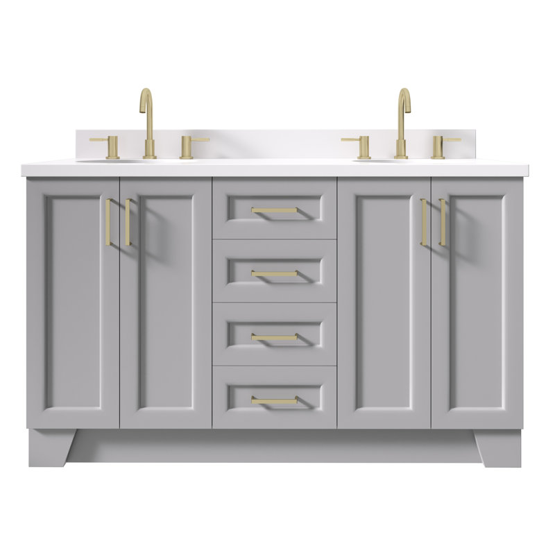 Meuble-lavabo double 61 po avec dessus en quartz blanc Franko, Gris