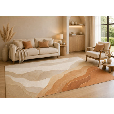 "Ultra Lightweight" 5'x7' Modern Abstract Area Rug with Non-Slip Silicone Backing Low Pile Soft Carpet for Living Room Bedroom Neutral Beige Terracotta Landscape Decor