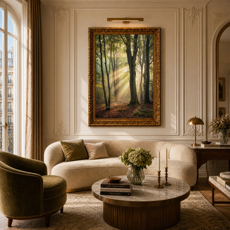 Toile dorée à travers de grands arbres forestiers, art mural, H 24 po x l 16 po