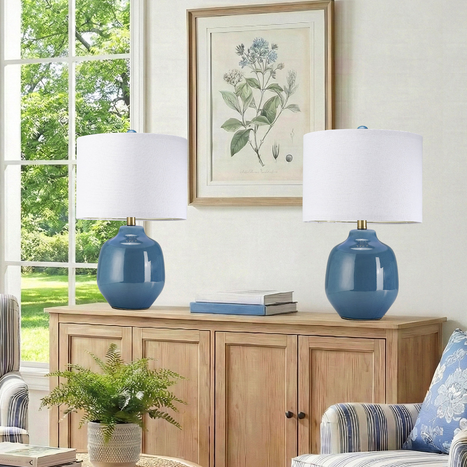 2 Set Crackle Blue Ceramic Table Lamp,21'' Handcrafted Nightstand Lighting, Aesthetic Modern Coastal Home Decor (Set of 2)