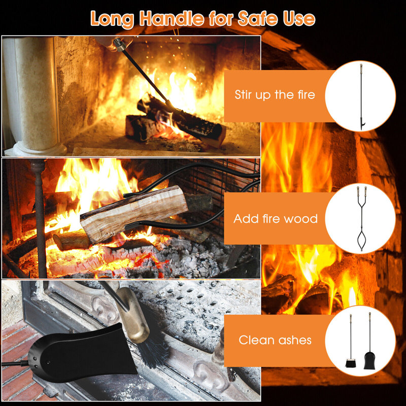 Heavy Duty Black Iron 5-Piece Fireplace Tool Set with Brass Handles