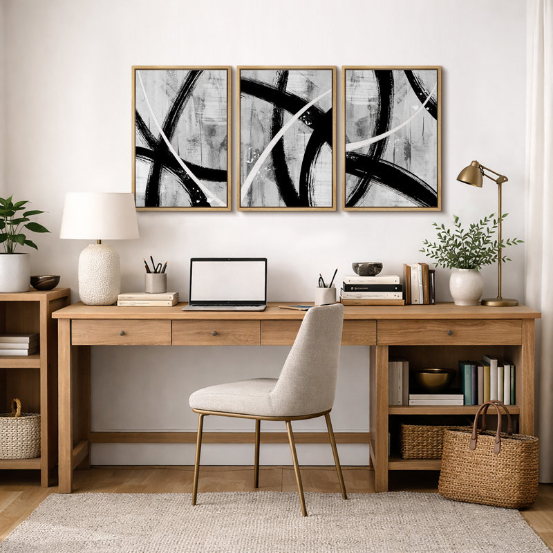 BAW "Black Grey White Geometric Paint Stroke, H 24 po x l 48 po x P 1,5 po, Naturel
