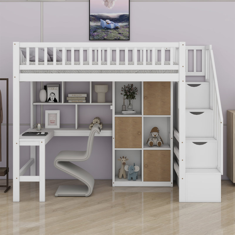 Wood Loft Bed With Built-In Desk, LED, Storage Shelves, Cabinets And Staircase, White