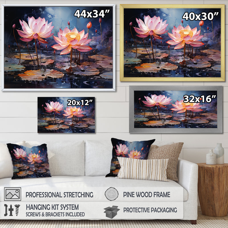 «Enchanted Lotus Waters», reproduction sur toile, Cadre flottant doré, 12" H x 20" W