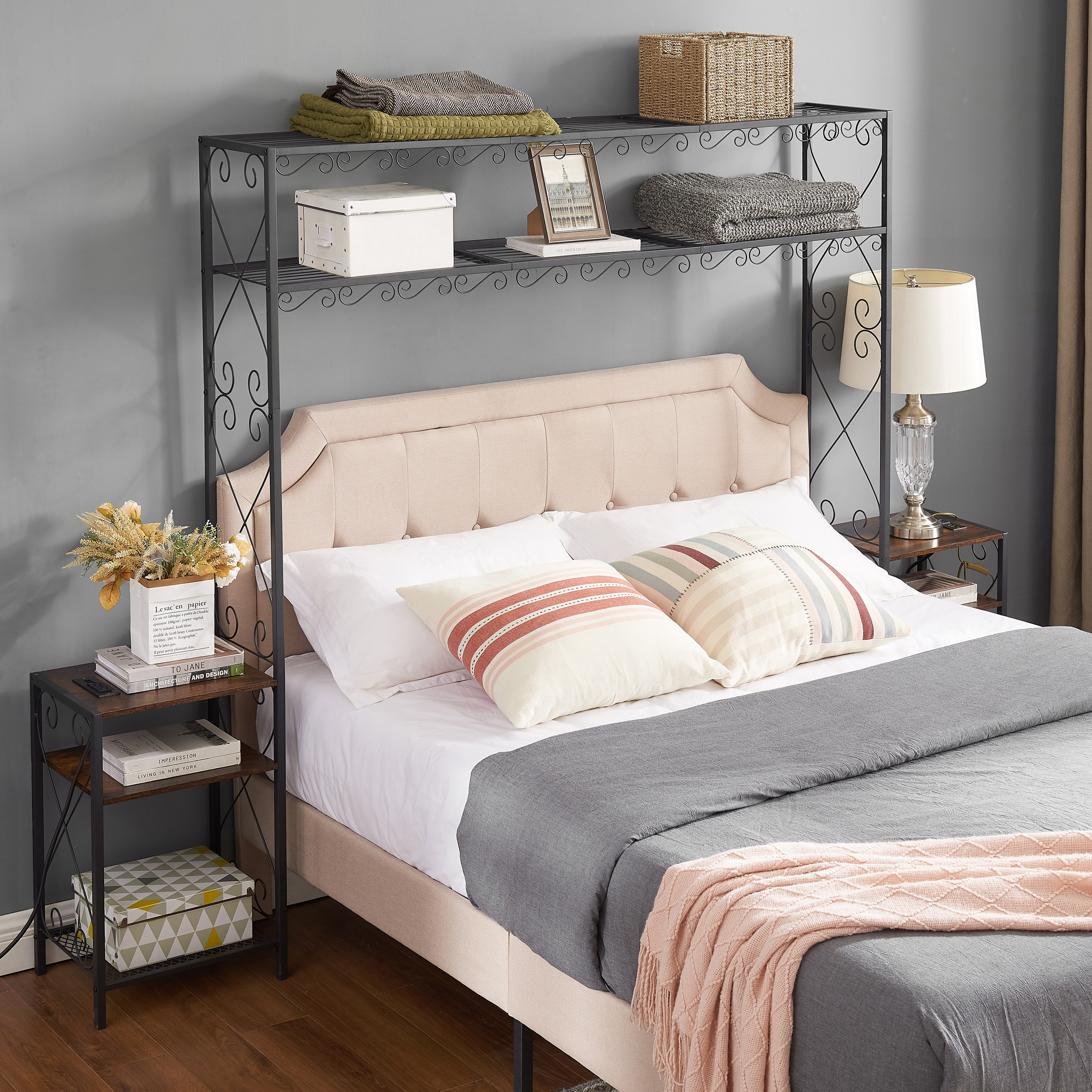 Winston Porter Queen Bed Frame with 2 Nightstands Headboards with