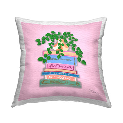 Bookstack with Herb Vase Outdoor Printed Pillow by Ale Saiz Studio