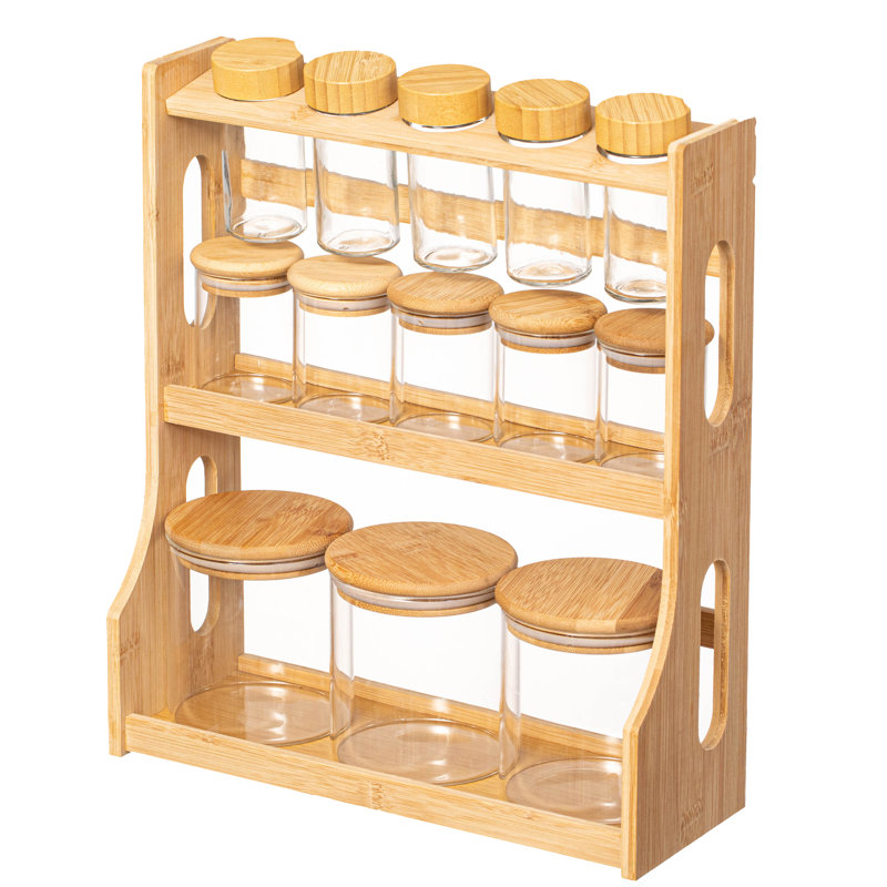 Support à épices et garde-manger en bambou à 3 niveaux avec 13 bocaux en verre Basicwise