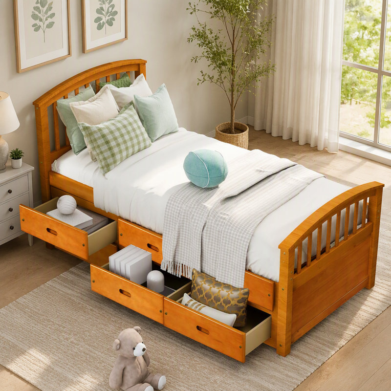 Lit plateforme simple en bois massif avec 6 tiroirs, durable et élégant pour les enfants et les adolescents, Chêne