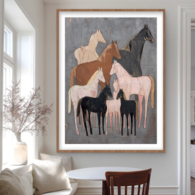 Famille de chevaux - Reproduction mate encadrée d'animaux décoratifs beiges