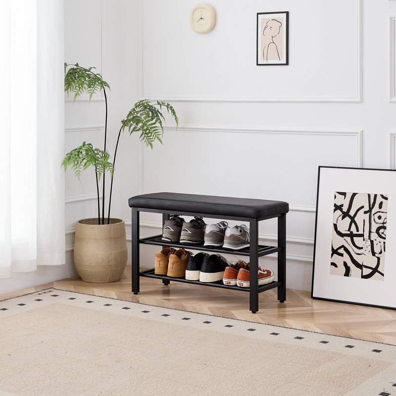 Small Shoe Bench, 3-Tier Shoe Rack, Shoe Storage Bench With PU Seat Cushion, Entryway Shoe Rack Bench With Metal Mesh Shelves, Freestanding Shoe Organizer For Hallway