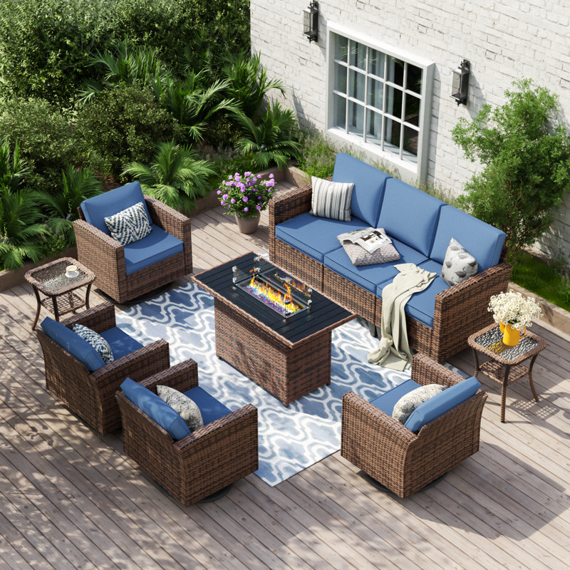7 - Person Outdoor Wicker Patio Seating Group With Fire Pit And 2 Side Table, Navy