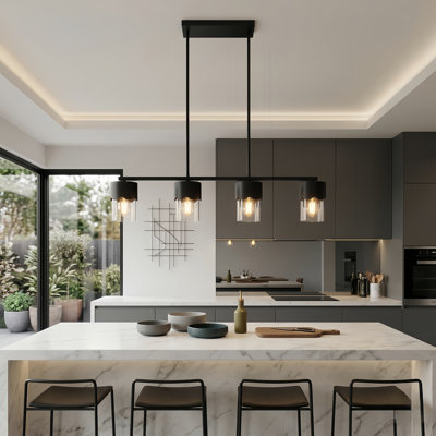 Kailyn 4-Light 36"W Black Metal And Glass Modern Linear Pendant Light With Adjustable Rod For Kitchen Island