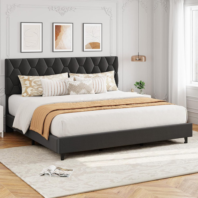 Upholstered Bed Frame, Modern Platform Bedframe with Adjustable Velvet Headboard, No Box Spring Needed, Gray, King