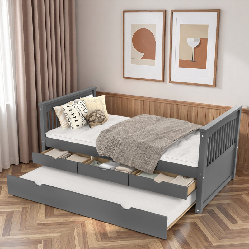 Platform Bed With 3 Drawers And Trundle, Gray