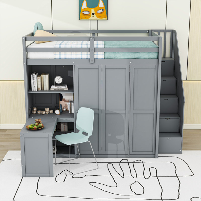 Lit mezzanine double multifonctionnel avec bureau, garde-robe élégant et tablettes de rangement, Gris