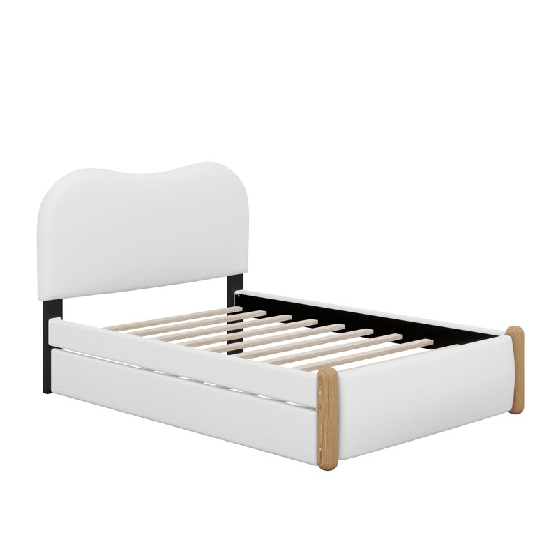 Lit plateforme tapissier simple avec lit gigogne et pieds en bois, Lit simple, White