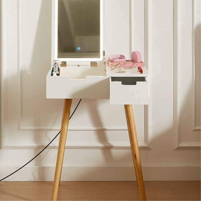 Petite table de meuble-lavabo avec lumières à DEL tricolores et compartiments de rangement, convenant à la chambre à coucher, au vestiaire, au bureau, au miroir à couvercle rabattable blanc 2 pièces