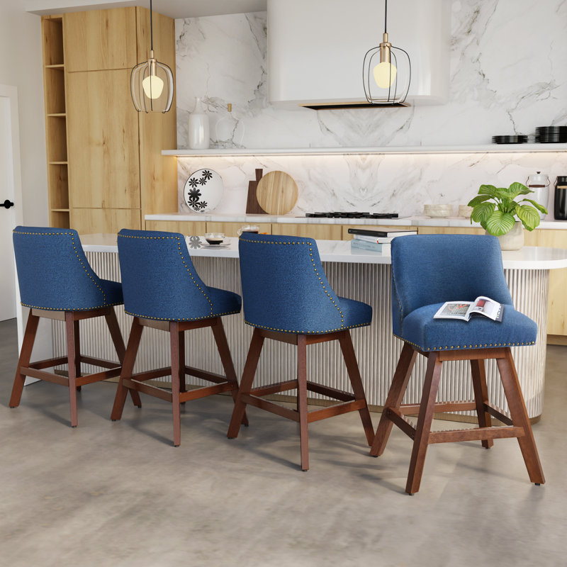 Counter Height Swivel Nailhead Upholstered Bar Stools (Set Of 4), Blue