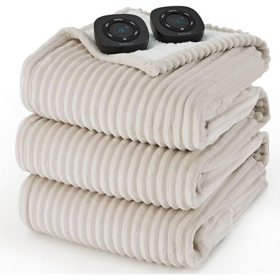 Couverture électrique, flanelle à nervures douces, chauffage avec 4 réglages de temps, 6 niveaux de chaleur, arrêt automatique avec minuterie de 3 heures, GentleSoft ™