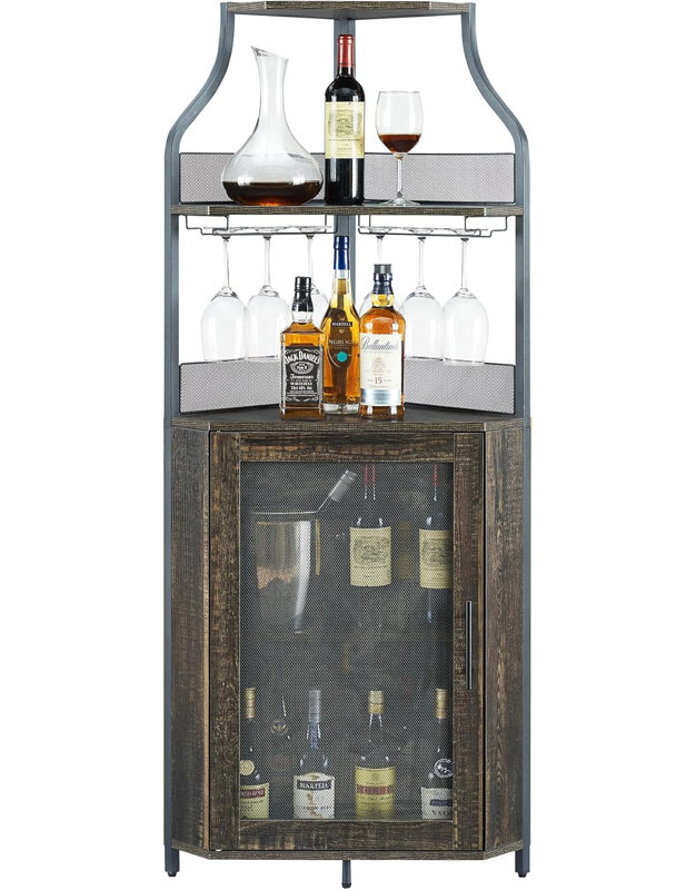 Corner Wine Bar Rack Cabinet With Detachable Wine Rack, Home Bar Cabinet, Oak
