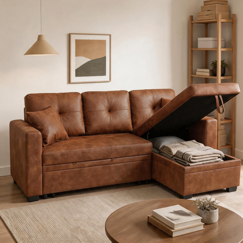 Canapé-lit d'angle réversible de 180 cm avec lit gigogne et rangement, Polyester brun pâle