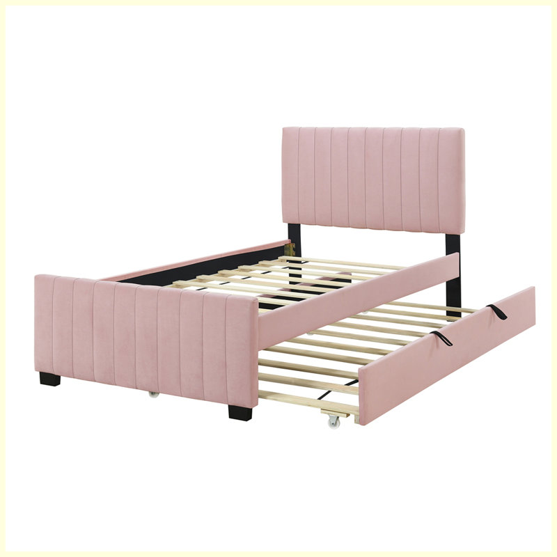Modern Velvet Upholstered Platform Bed with Trundle, Pink
