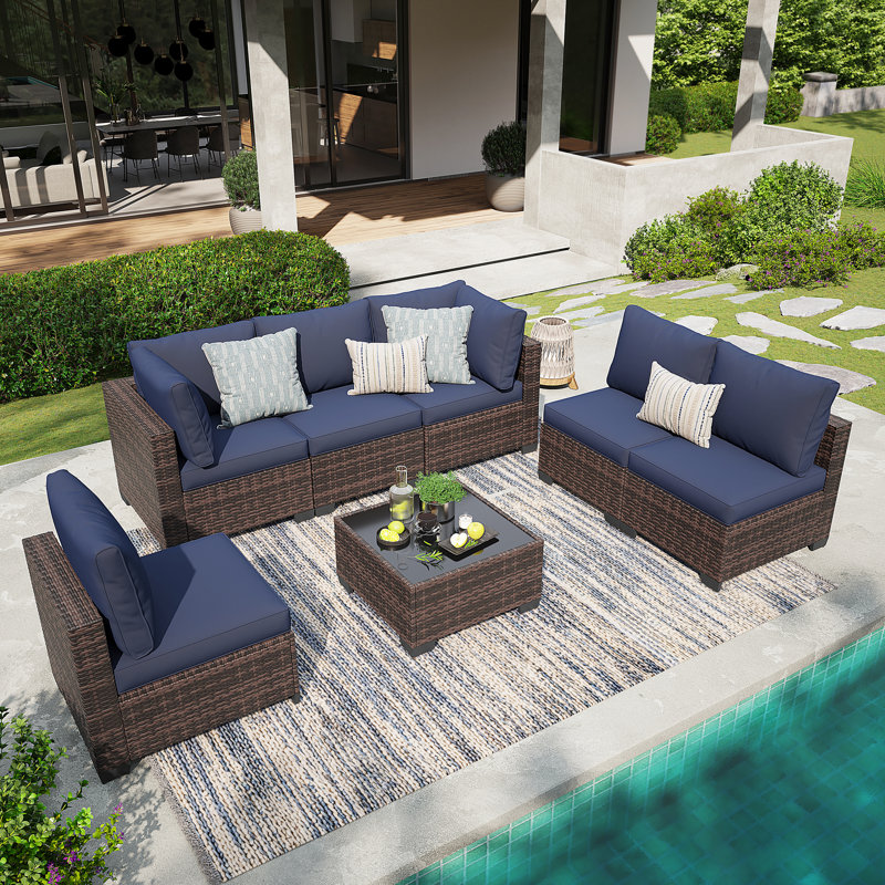 Ensemble de meubles de patio 7 pièces, ensemble de canapé modulaire en osier, ensemble de conversation modulaire en rotin avec coussins, ensemble de canapé et table basse pour l'extérieur, jardin, balcon, porche