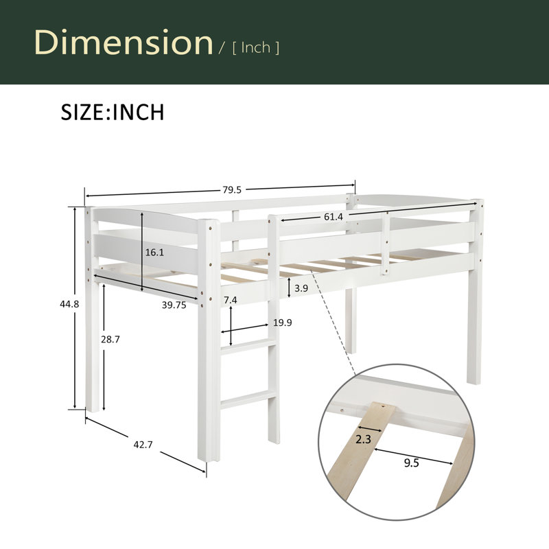 Twin Wood Loft Bed Low Loft Beds With Ladder,Twin, White