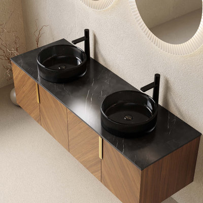 Meuble-lavabo de salle de bain, armoire de rangement murale moderne en contreplaqué avec portes, lavabo rond en verre noir transparent et comptoir en pierre frittée noire
