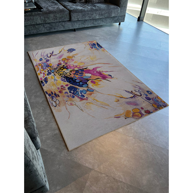 Beige-Themed Multi-Colored Abstract Paint Splash Patterned Modern Decorative Rug, Rectangle 3'3" x 4'11"