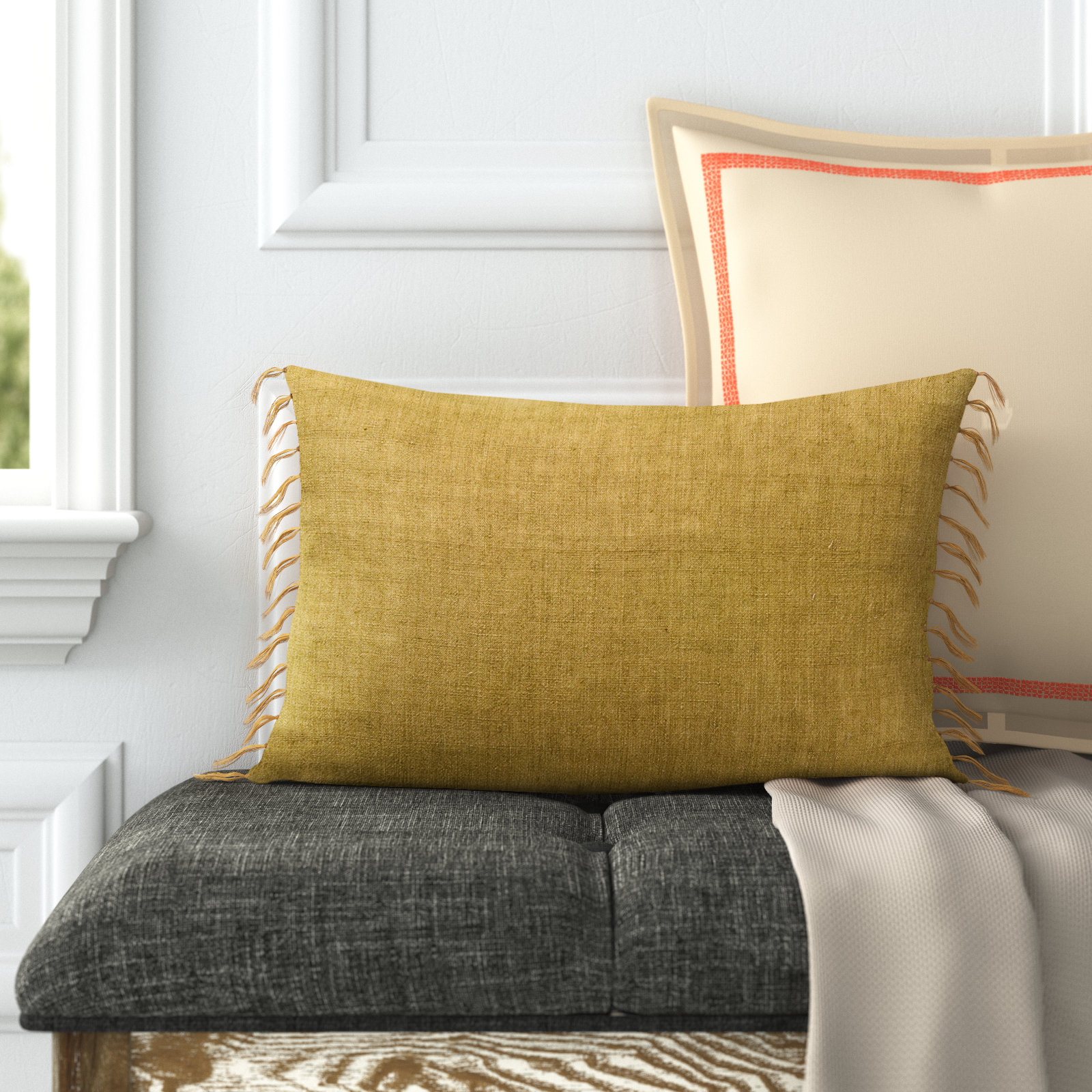 Sharron Tassels Linen Lumbar Throw Pillow, Yellow, Polyester/Polyfill