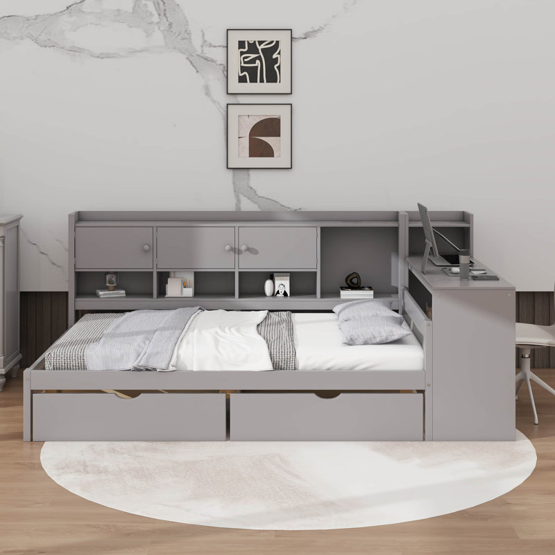 Lit de jour en bois avec armoires de rangement et bureau d'étude, structure de lit de jour en L avec 2 tiroirs de rangement