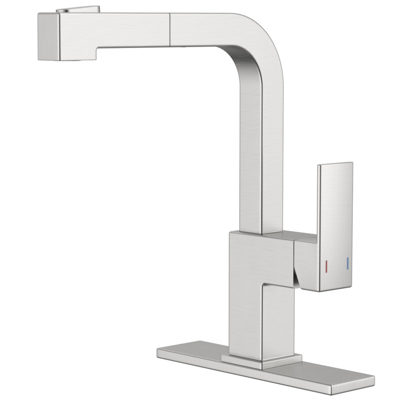 Robinet de cuisine carré avec douchette extractible, Nickel brossé