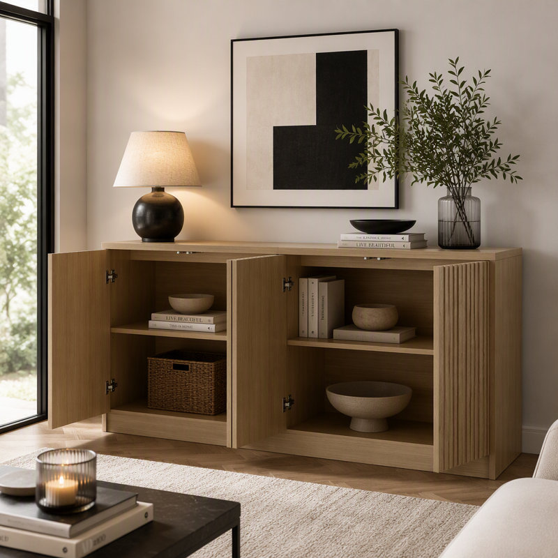 Buffet de 159 cm avec rangement, meuble de rangement à 4 portes et étagères, dosseret en bois pour salon et cuisine, Naturel