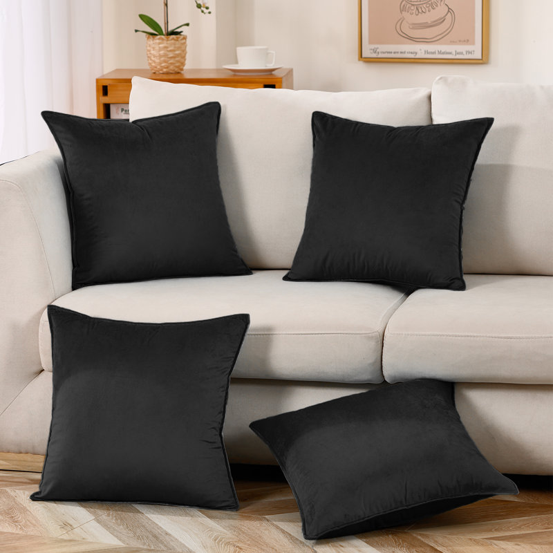 Set Of 4 Throw Velvet Cushion Covers, Black, 18"H x 18"W