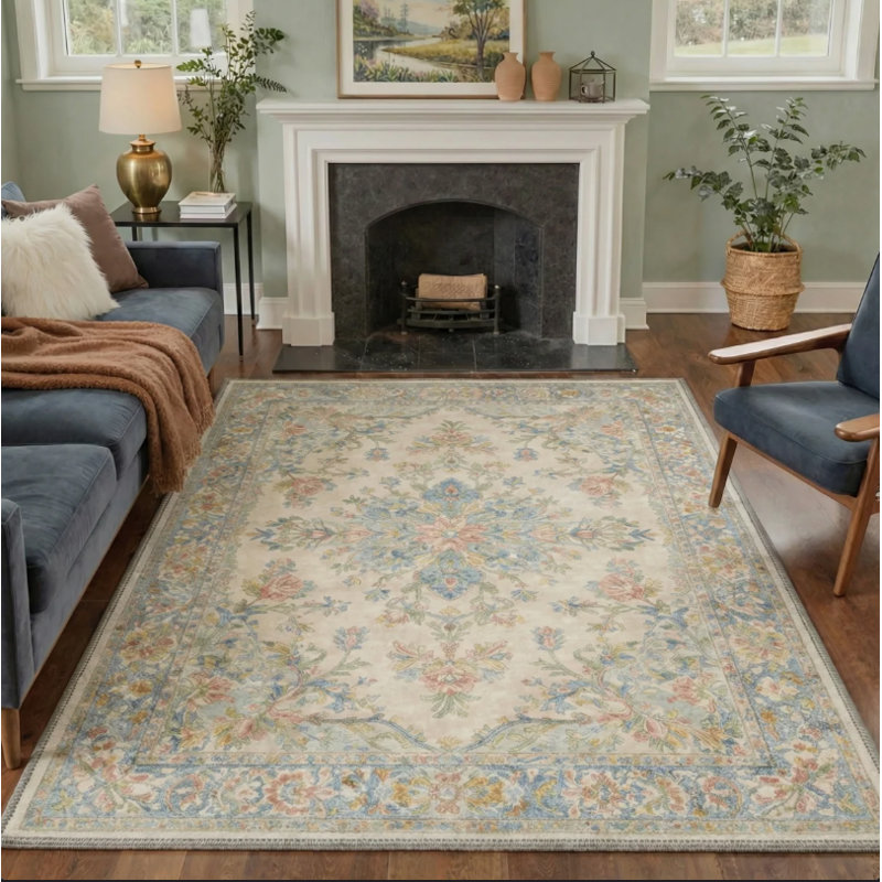Tapis lavable à la machine à motif de médaillon rétro vintage, beige et bleu antidérapant pour le salon et la chambre à coucher