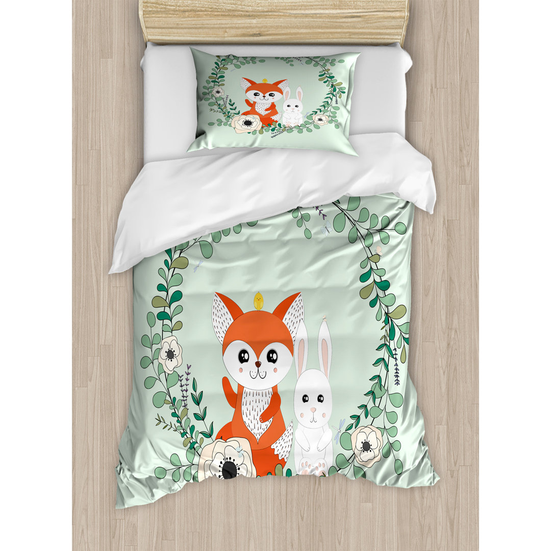 Bettbezug Set, Freunde Fox Kaninchen, Cartoon-Tier, Hellgrün Vermilion