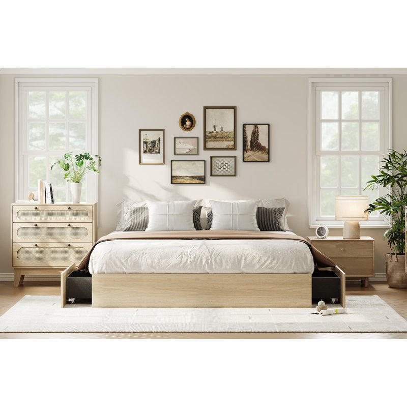 Structure de lit plateforme grand avec 2 tiroirs de rangement - lattes en bois de chêne naturel, base de lit robuste à profil bas, aucun sommier requis, mobilier de chambre à assembler facile